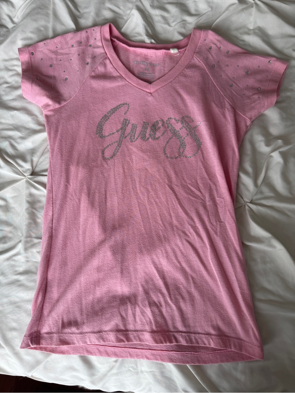 GUESS Pink Short-Sleeve V-Neck Tee with Rhinestone Logo